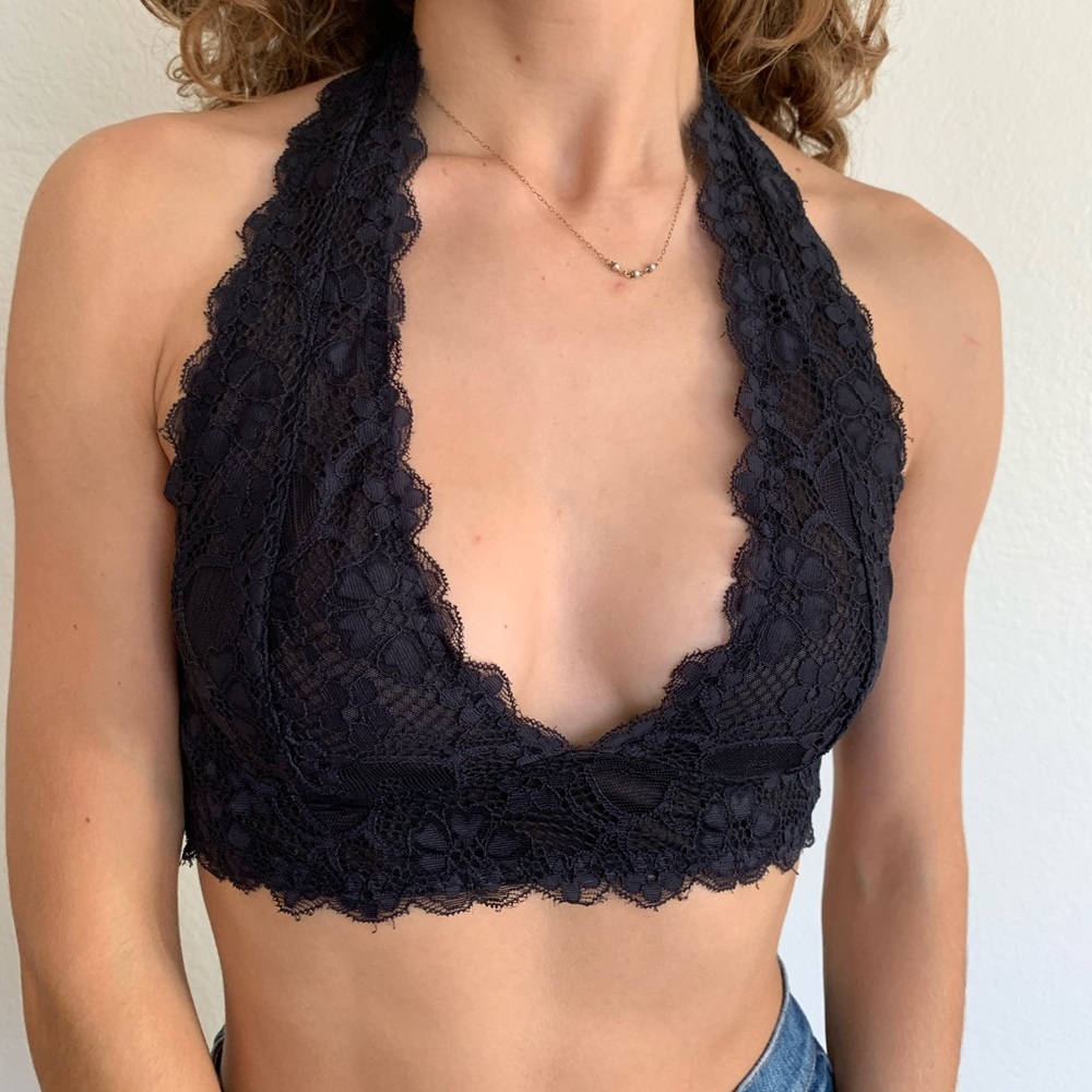 Navy Free People Galloon Lace Halter Bralette